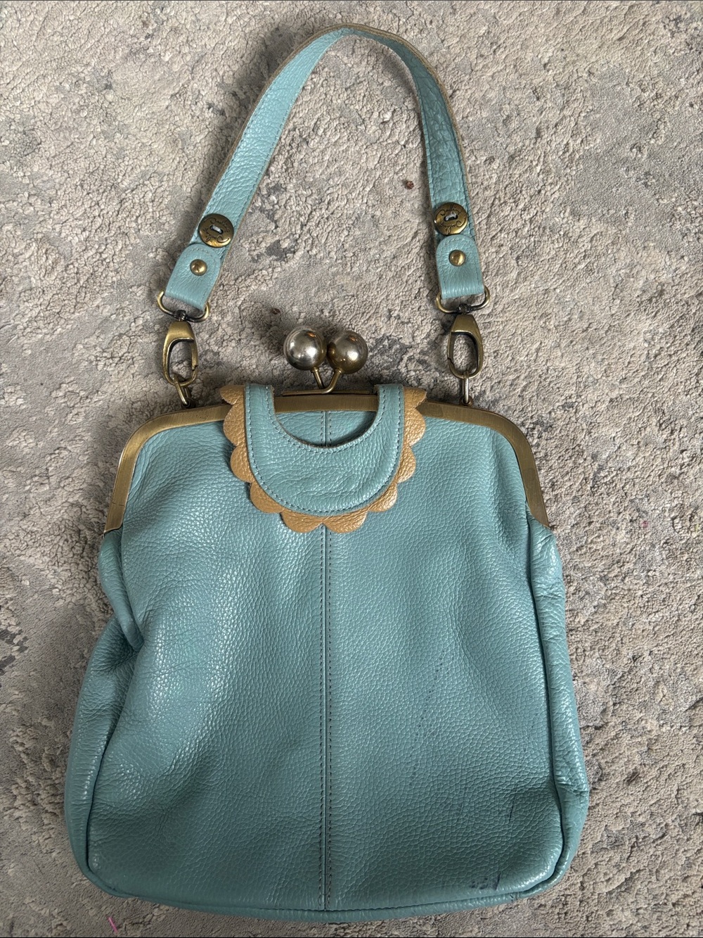 Vintage Darling Aqua Leather Shoulder Bag with Tan Scallop Trim